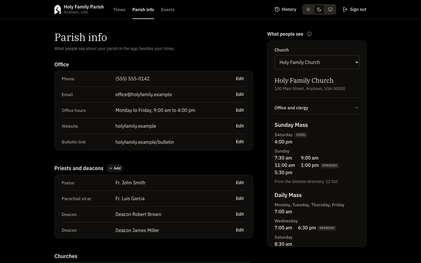 Parish info: office, priests and deacons, churches