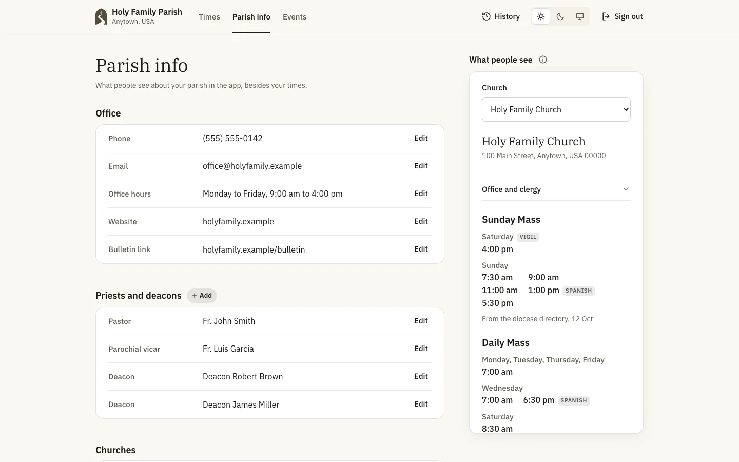 Parish info: office, priests and deacons, churches